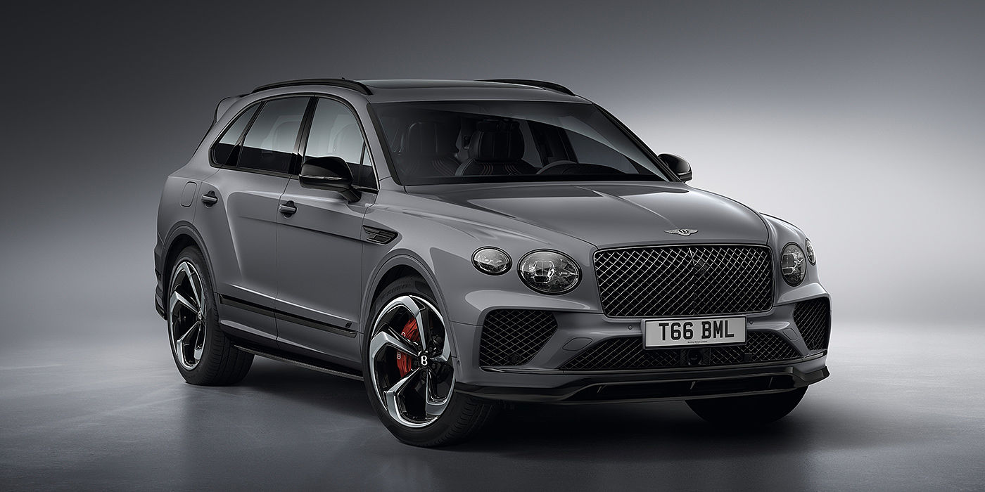 Bentley Xiamen Bentley Bentayga S in Cambrian Grey paint front three - quarter view with dark chrome matrix grille and featuring elliptical LED matrix headlights. 