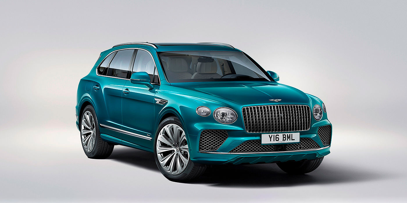 Bentley Xiamen Bentley Bentayga Azure front three-quarter view, featuring a fluted chrome grille with a matrix lower grille and chrome accents in Topaz blue paint.