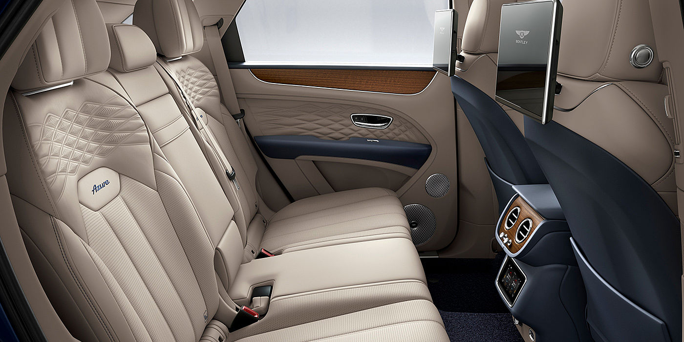 Bentley Xiamen Bentey Bentayga Azure interior view for rear passengers with Portland hide and Rear Seat Entertainment. 